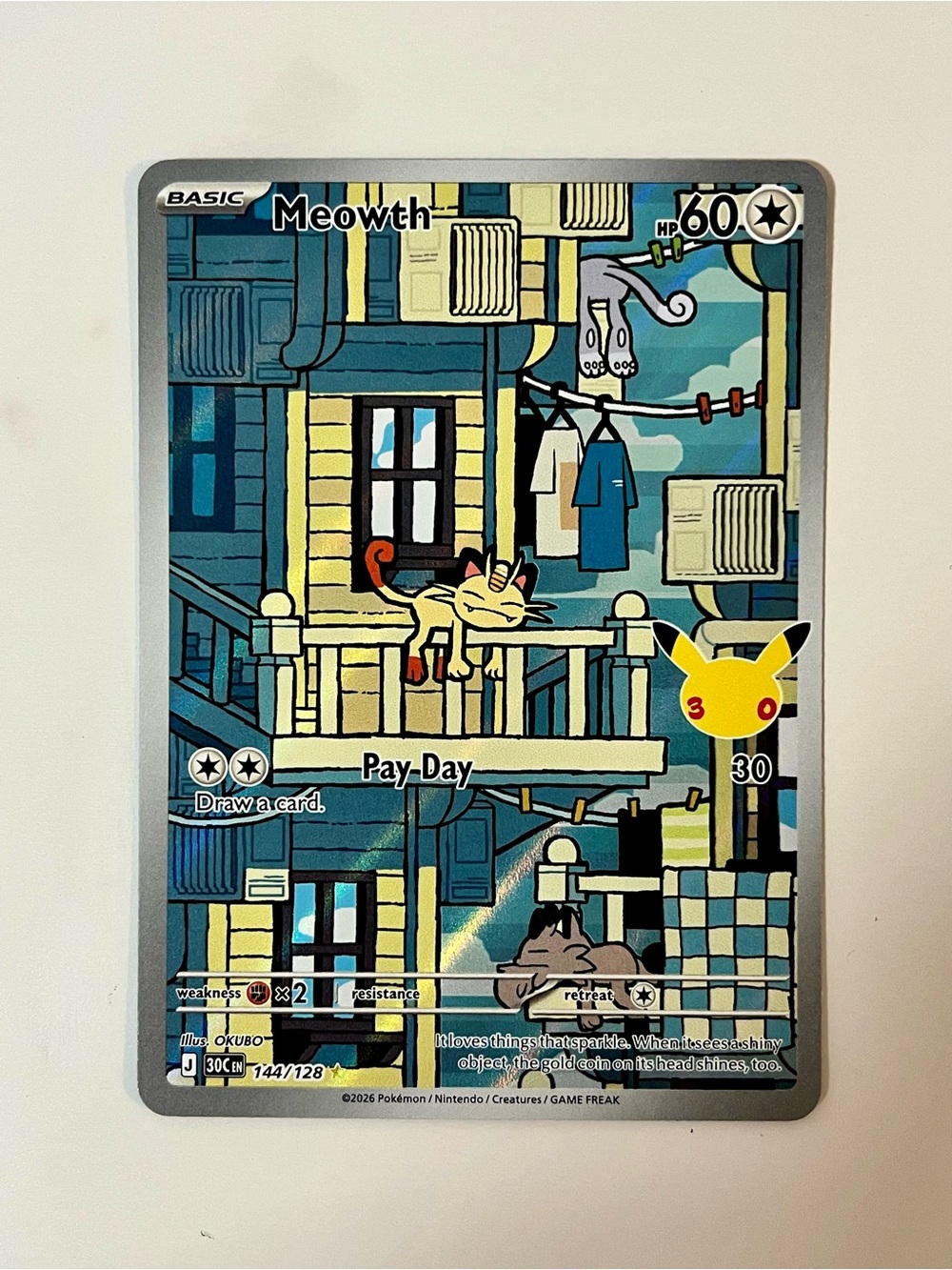 Authentic Holo Meowth 144/128 Pokemon 30th Celebration Card